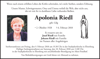 Traueranzeige von Apolonia Riedl von Süddeutsche Zeitung
