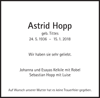 Traueranzeige von Astrid Hopp von Süddeutsche Zeitung