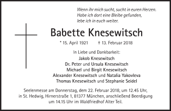 Traueranzeige von Babette Knesewitsch von Süddeutsche Zeitung