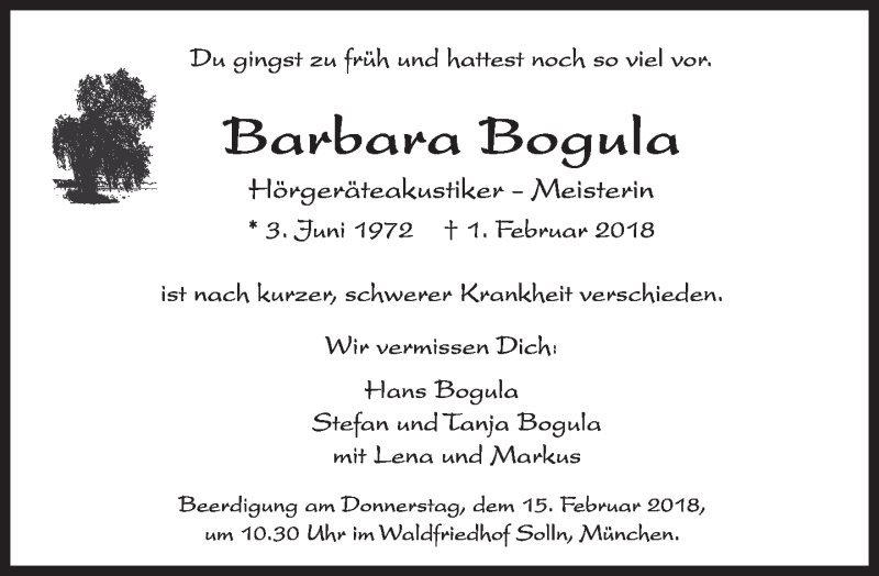  Traueranzeige für Barbara Bogula vom 10.02.2018 aus Süddeutsche Zeitung
