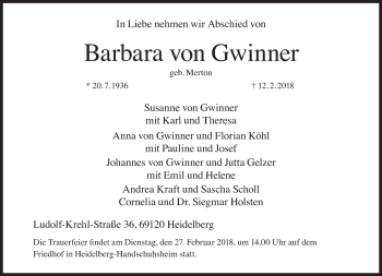 Traueranzeige von Barbara von Gwinner von Süddeutsche Zeitung