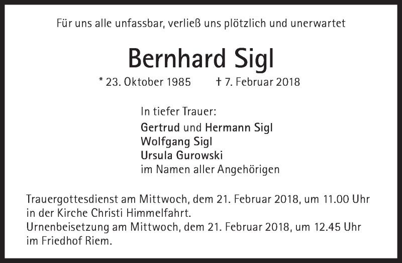 Traueranzeigen Von Bernhard Sigl | SZ-Gedenken.de