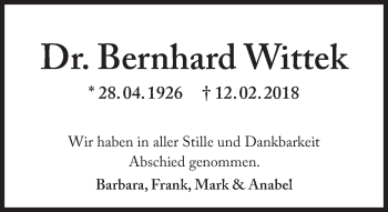 Traueranzeige von Bernhard Wittek von Süddeutsche Zeitung