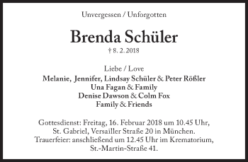 Traueranzeige von Brenda Schüler von Süddeutsche Zeitung