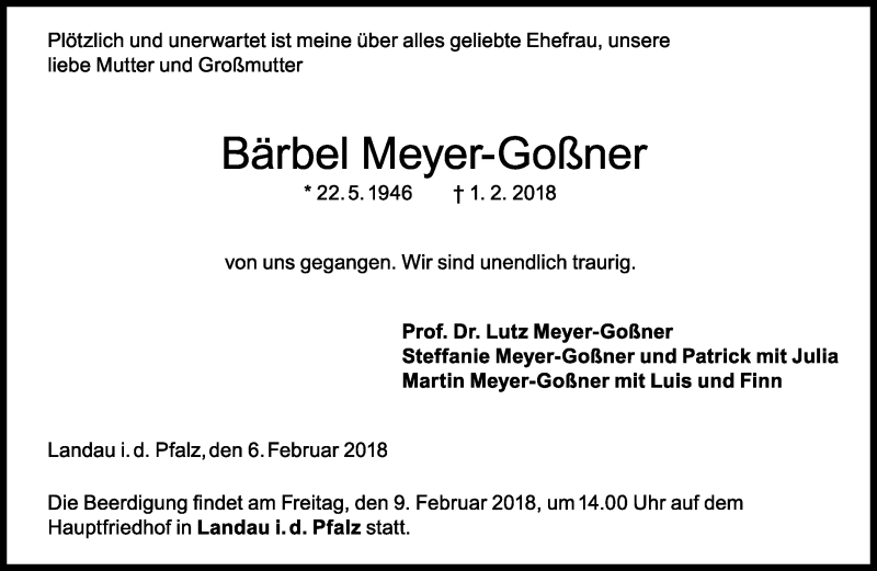  Traueranzeige für Bärbel Meyer-Goßner vom 06.02.2018 aus Süddeutsche Zeitung