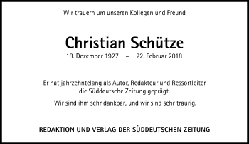 Traueranzeige von Christian Schütze von Süddeutsche Zeitung