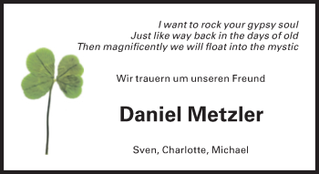 Traueranzeige von Daniel Metzler von Süddeutsche Zeitung