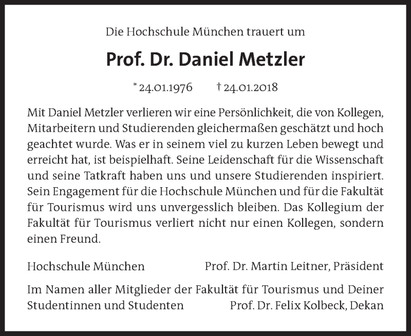  Traueranzeige für Daniel Metzler vom 02.02.2018 aus Süddeutsche Zeitung