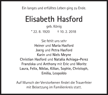 Traueranzeige von Elisabeth Hasford von Süddeutsche Zeitung