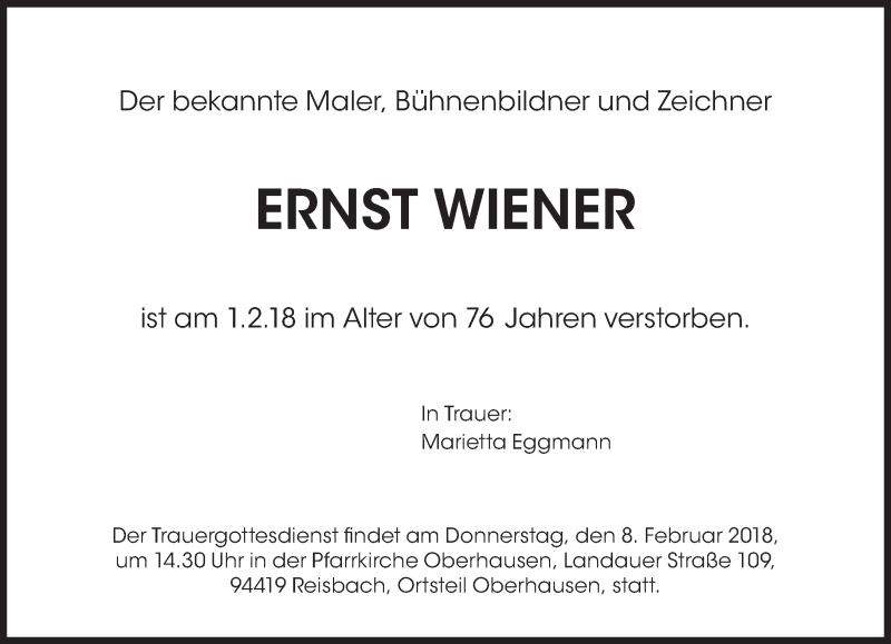  Traueranzeige für Ernst Wiener vom 07.02.2018 aus Süddeutsche Zeitung