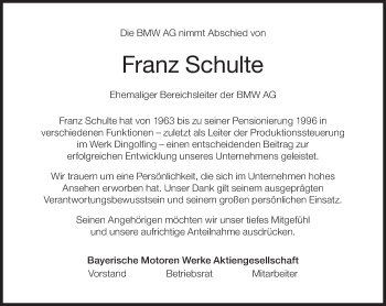 Traueranzeige von Franz Schulte von Süddeutsche Zeitung