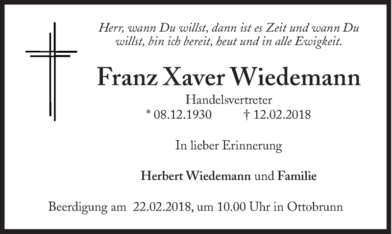  Traueranzeige für Franz Xaver Wiedemann vom 22.02.2018 aus Süddeutsche Zeitung