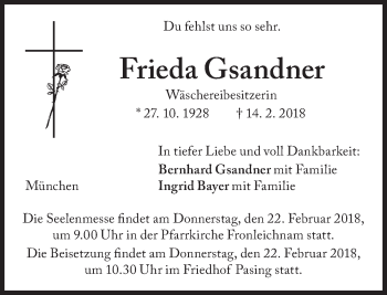 Traueranzeige von Frieda Gsandner von Süddeutsche Zeitung
