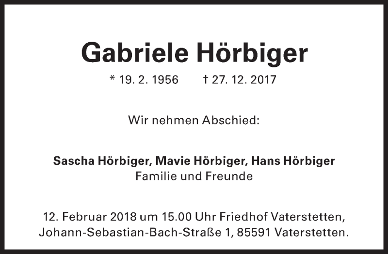  Traueranzeige für Gabriele Hörbiger vom 03.02.2018 aus Süddeutsche Zeitung