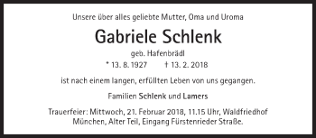 Traueranzeige von Gabriele Schlenk von Süddeutsche Zeitung