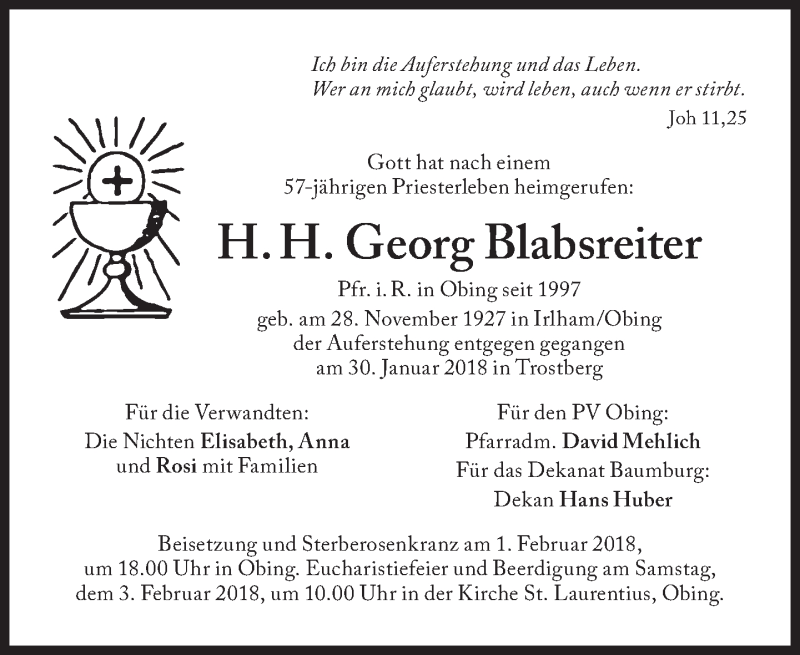  Traueranzeige für Georg Blabsreiter vom 02.02.2018 aus Süddeutsche Zeitung