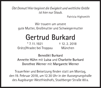 Traueranzeige von Gertrud Burkard von Süddeutsche Zeitung