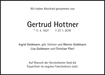 Traueranzeige von Gertrud Hottner von Süddeutsche Zeitung