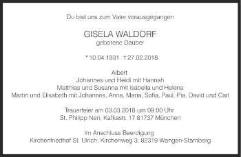 Traueranzeige von Gisela Waldorf von Süddeutsche Zeitung