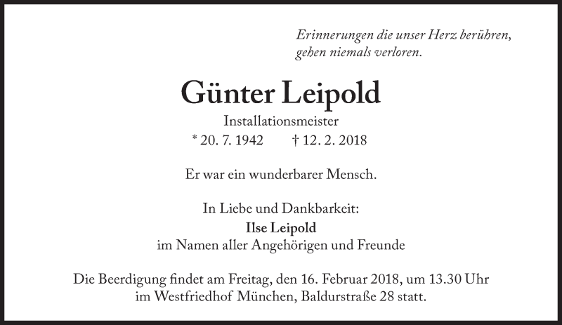  Traueranzeige für Günter Leipold vom 15.02.2018 aus Süddeutsche Zeitung