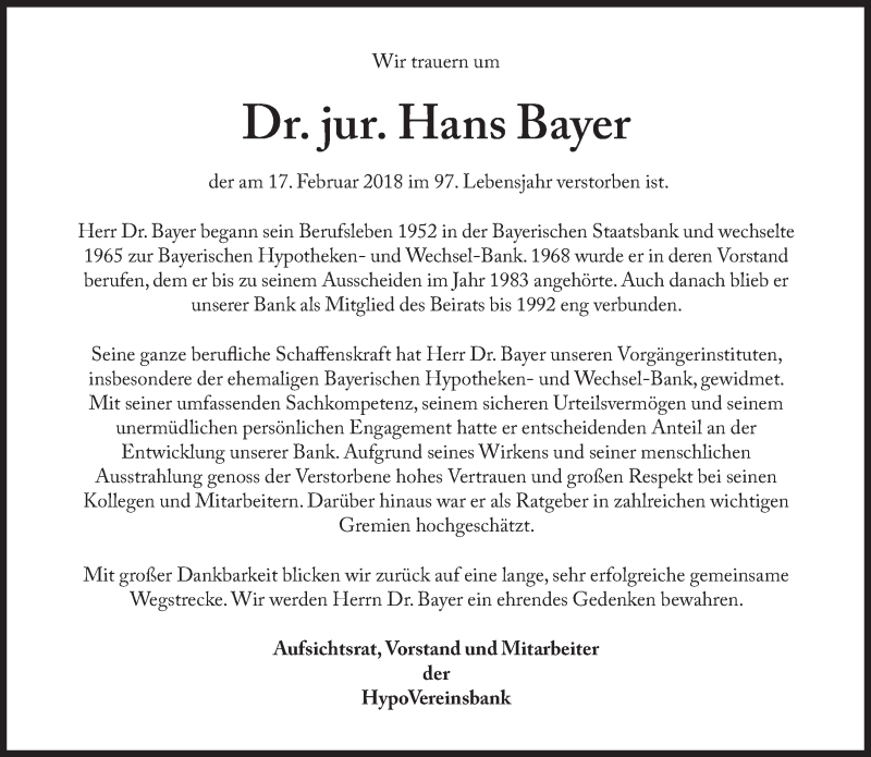  Traueranzeige für Hans Bayer vom 22.02.2018 aus Süddeutsche Zeitung