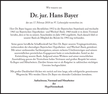 Traueranzeige von Hans Bayer von Süddeutsche Zeitung