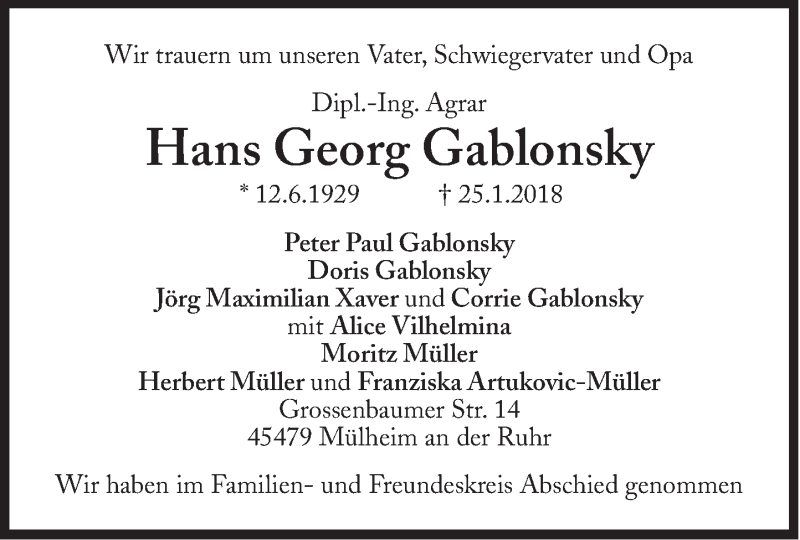  Traueranzeige für Hans Georg Gablonsky vom 10.02.2018 aus Süddeutsche Zeitung