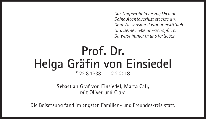  Traueranzeige für Helga Gräfin von Einsiedel vom 10.02.2018 aus Süddeutsche Zeitung