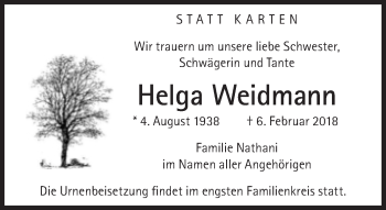 Traueranzeige von Helga Weidmann von Süddeutsche Zeitung