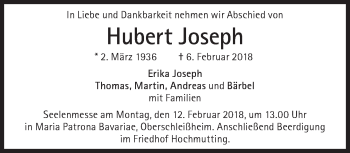 Traueranzeige von Hubert Joseph von Süddeutsche Zeitung