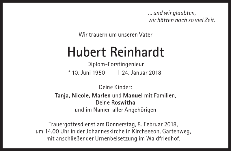  Traueranzeige für Hubert Reinhardt vom 03.02.2018 aus Süddeutsche Zeitung