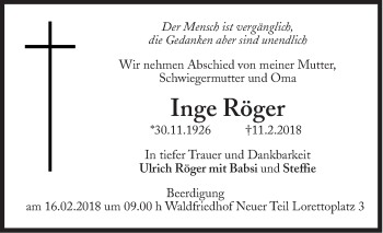Traueranzeige von Inge Röger von Süddeutsche Zeitung