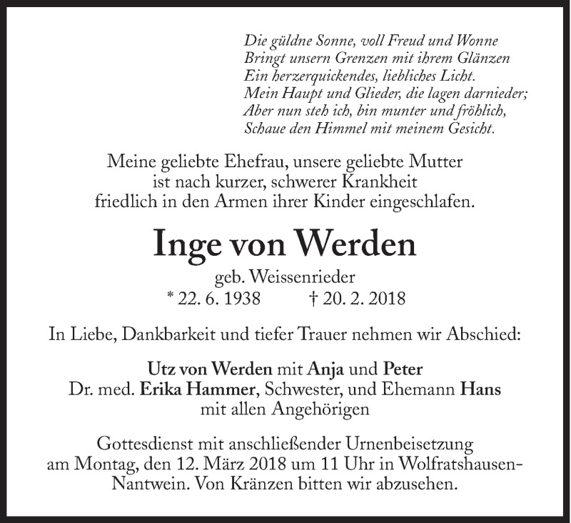  Traueranzeige für Inge  von Werden vom 24.02.2018 aus Süddeutsche Zeitung