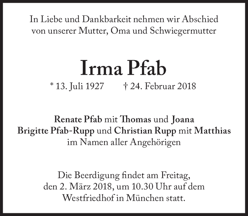  Traueranzeige für Irma Pfab vom 28.02.2018 aus Süddeutsche Zeitung