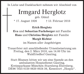 Traueranzeige von Irmgard Herglotz von Süddeutsche Zeitung