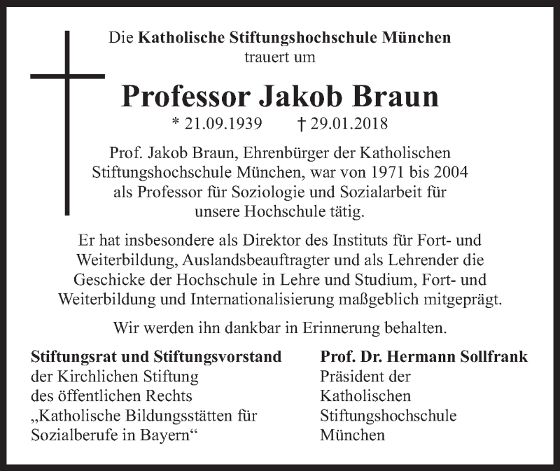  Traueranzeige für Jakob Braun vom 02.02.2018 aus Süddeutsche Zeitung