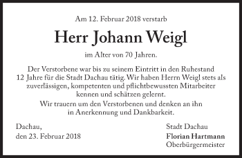 Traueranzeige von Johann Weigl von Süddeutsche Zeitung