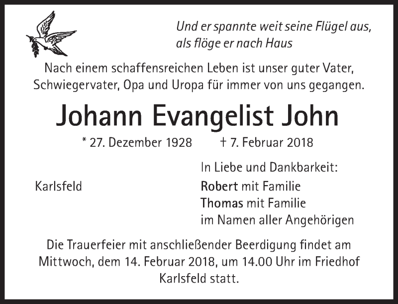  Traueranzeige für Johann Evangelist John vom 10.02.2018 aus Süddeutsche Zeitung