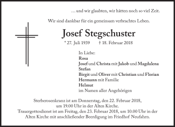 Traueranzeige von Josef Stegschuster von Süddeutsche Zeitung
