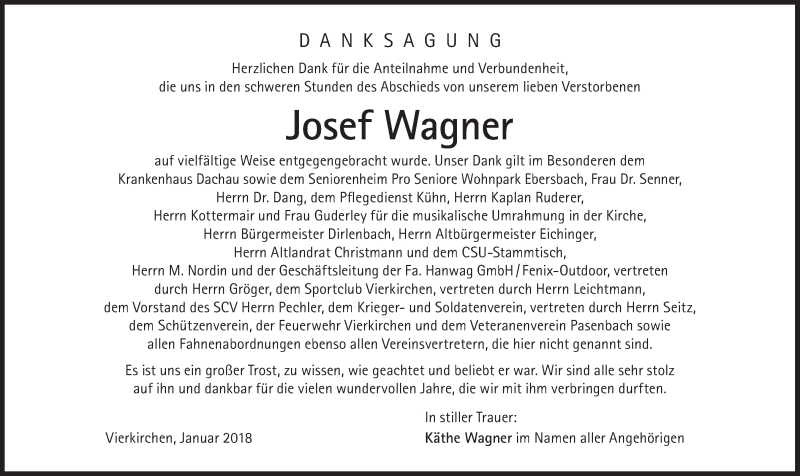  Traueranzeige für Josef Wagner vom 03.02.2018 aus Süddeutsche Zeitung