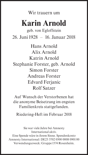 Traueranzeige von Karin Arnold von Süddeutsche Zeitung