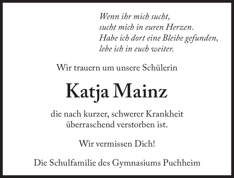  Traueranzeige für Katja Elena Mainz  vom 14.02.2018 aus Süddeutsche Zeitung