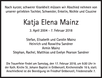Traueranzeige von Katja Elena Mainz  von Süddeutsche Zeitung