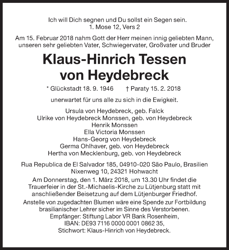  Traueranzeige für Klaus-Hinrich Tessen von Heydebreck vom 27.02.2018 aus Süddeutsche Zeitung