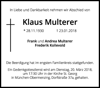 Traueranzeige von Klaus Multerer von Süddeutsche Zeitung