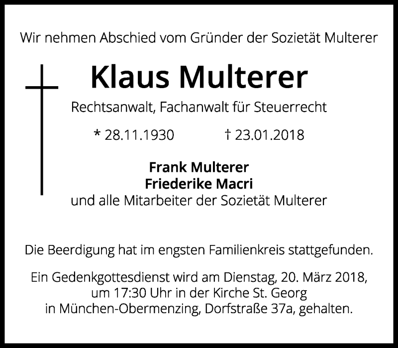  Traueranzeige für Klaus Multerer vom 03.02.2018 aus Süddeutsche Zeitung