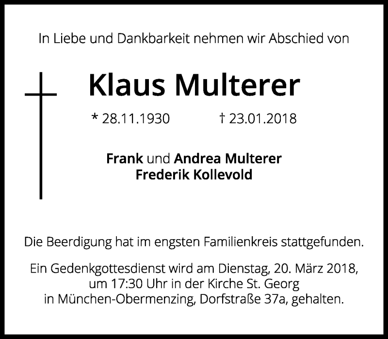  Traueranzeige für Klaus Multerer vom 03.02.2018 aus Süddeutsche Zeitung
