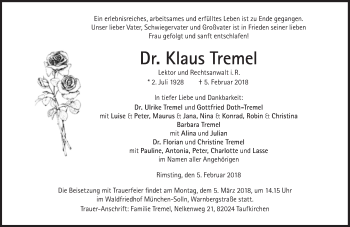 Traueranzeige von Klaus Tremel von Süddeutsche Zeitung