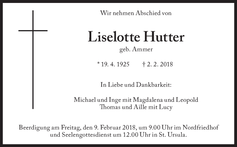  Traueranzeige für Liselotte Hutter vom 07.02.2018 aus Süddeutsche Zeitung