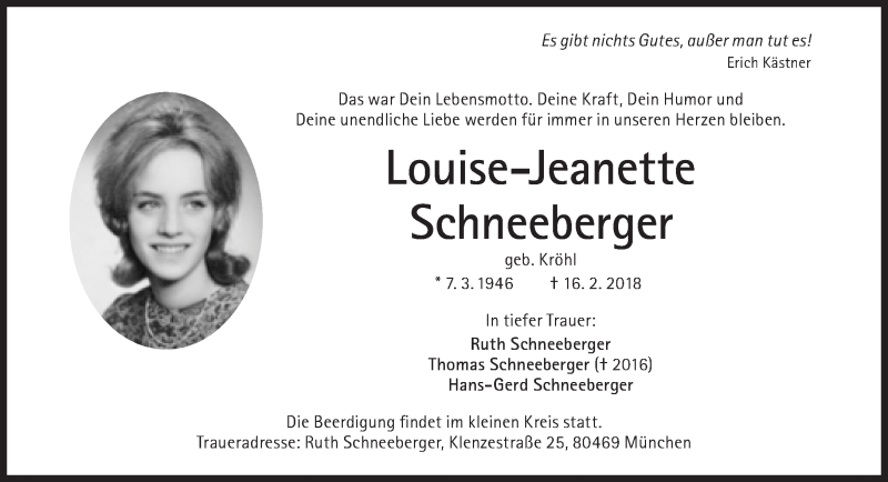  Traueranzeige für Louise-Jeanette Schneeberger vom 17.02.2018 aus Süddeutsche Zeitung